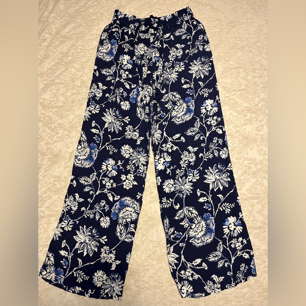 Navy blue floral linen pants